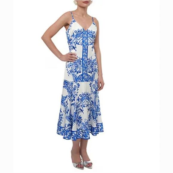 Adelyn Rae Rhegan Elegant Blue and White Floral Dress Size L - Picture 4 of 14